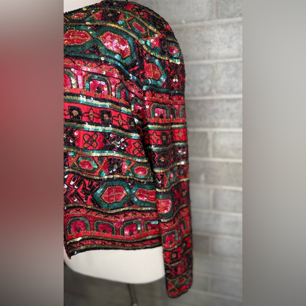 Vintage Papell Boutique Evening Beaded Sequin Jacket Bolero Red Art Deco Glam - Picture 5 of 9